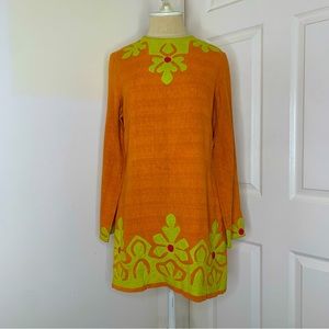 VINTAGE Orange Lime Green Embroidered Long Sleeve Shift Mini Dress size Small